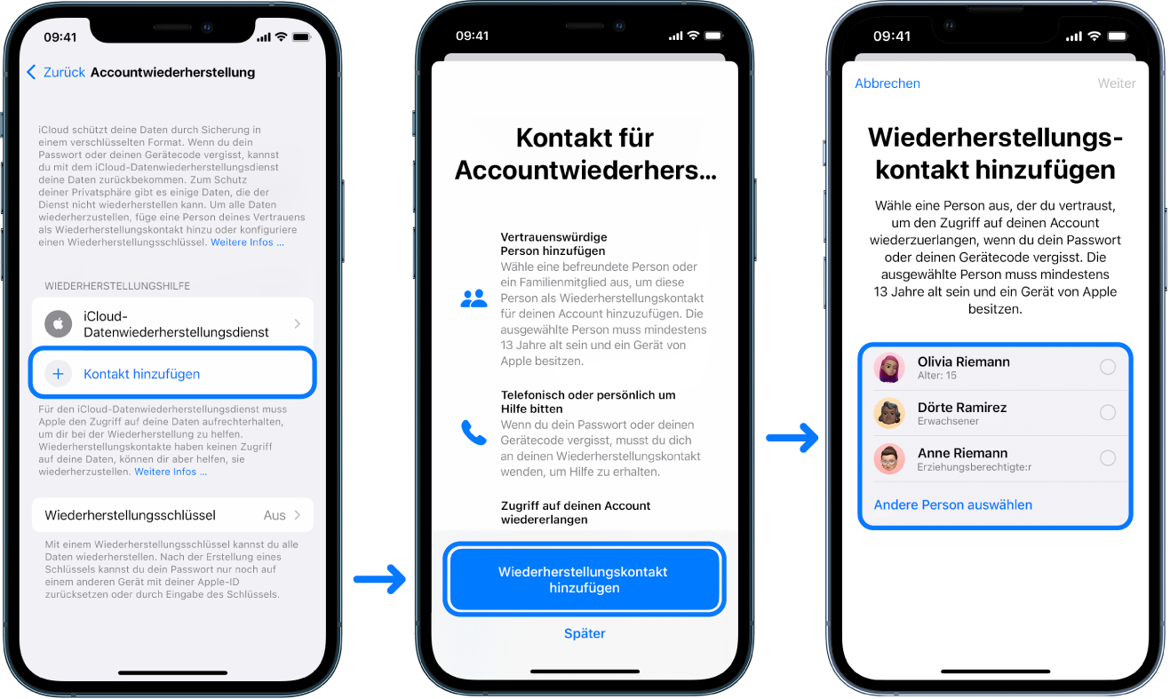 Drei iPhone-Bildschirme zeigen, wie Kontakte für die Accountwiederherstellung hinzugefügt werden.