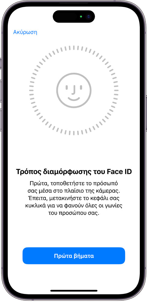 Η οθόνη διαμόρφωσης της αναγνώρισης Face ID. Στην οθόνη εμφανίζεται ένα πρόσωπο μέσα σε κύκλο. Από κάτω εμφανίζεται κείμενο το οποίο υποδεικνύει στον χρήστη να μετακινήσει αργά το κεφάλι του για να ολοκληρωθεί ο κύκλος. Κοντά στο κάτω μέρος της οθόνης εμφανίζεται ένα κουμπί για τις «Επιλογές προσβασιμότητας».