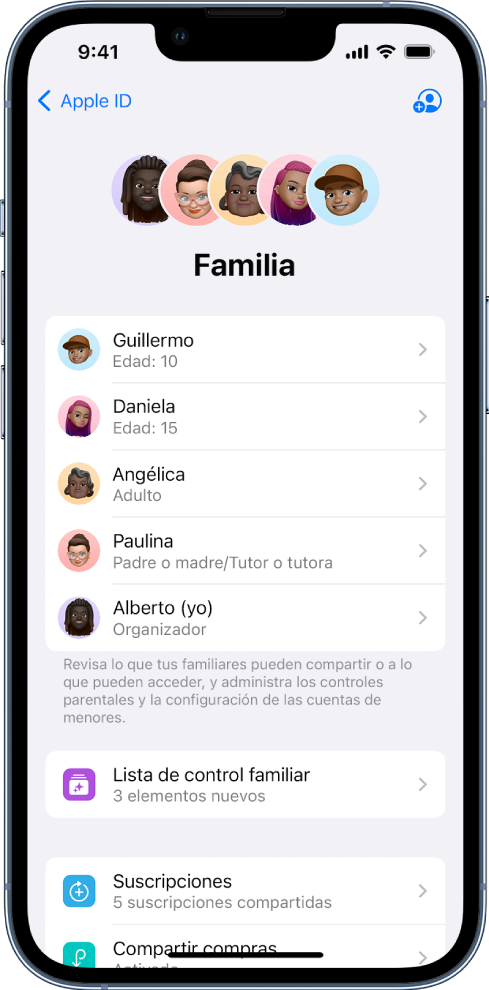 La pantalla de Compartir en familia en Configuración. Lista con 5 miembros de la familia y 4 suscripciones que se comparten con el grupo familiar.