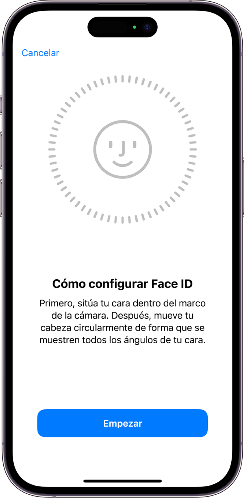 La pantalla de configuración de reconocimiento de Face ID. Se muestra una cara en la pantalla dentro de un círculo. El texto que está debajo le indica al usuario que mueva la cabeza lentamente para completar el círculo. El botón “Opciones de accesibilidad” se muestra cerca de la parte inferior de la pantalla.
