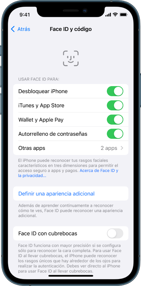La pantalla de Face ID en el iPhone mostrando las cosas para las que se puede usar Face ID, como desbloquear el iPhone, iTunes y App Store, Wallet y Apple Pay, y el autorrelleno de contraseñas.