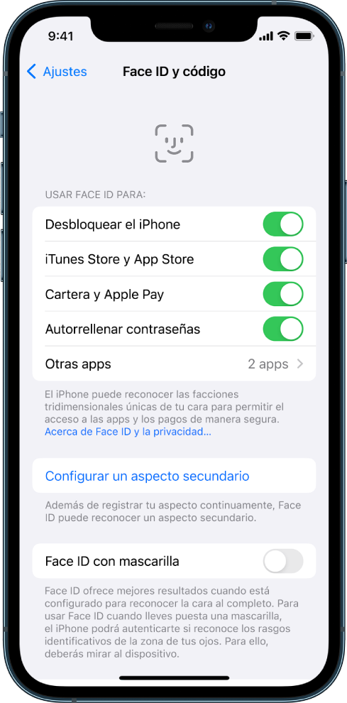 Pantalla “Face ID” del iPhone que muestra para qué se puede usar Face ID, como para desbloquear el iPhone, iTunes y App Store, Cartera y Apple Pay y la función de autorrelleno de contraseña.