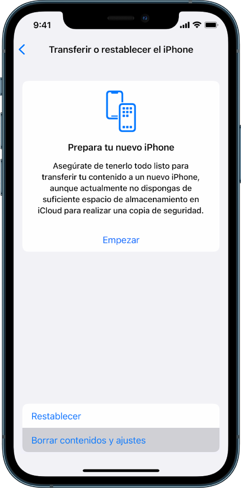 Pantalla de un iPhone con “Borrar contenidos y ajustes” como la opción seleccionada.