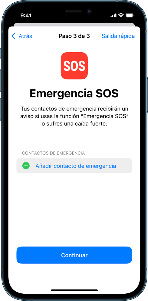 Las pantallas de dos iPhone que muestran la pantalla “Emergencia SOS” y la pantalla “Actualizar el código del dispositivo”.