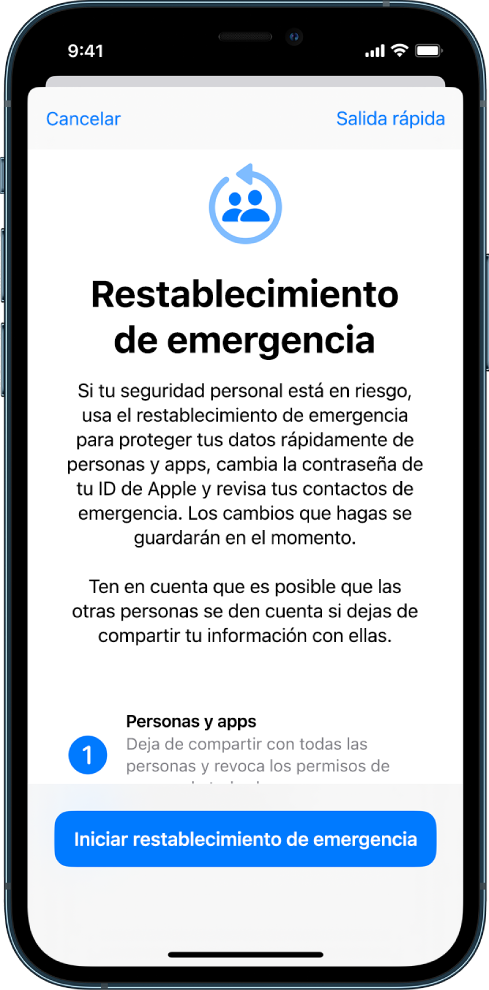 Una pantalla que muestra el botón para iniciar “Restablecimiento de emergencia”.