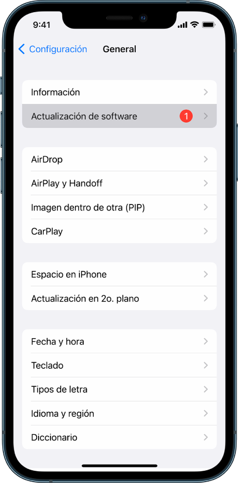 La pantalla del iPhone mostrando que hay una actualización de software disponible.