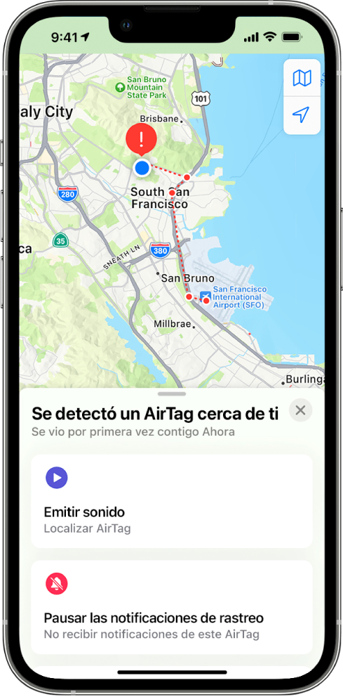 Pantalla de un iPhone mostrando un AirTag detectado cerca del usuario en la app Mapas.