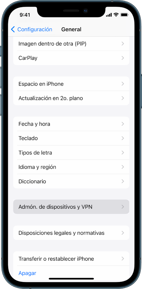 Pantalla de un iPhone mostrando la opción Administración de dispositivos y VPN seleccionada.