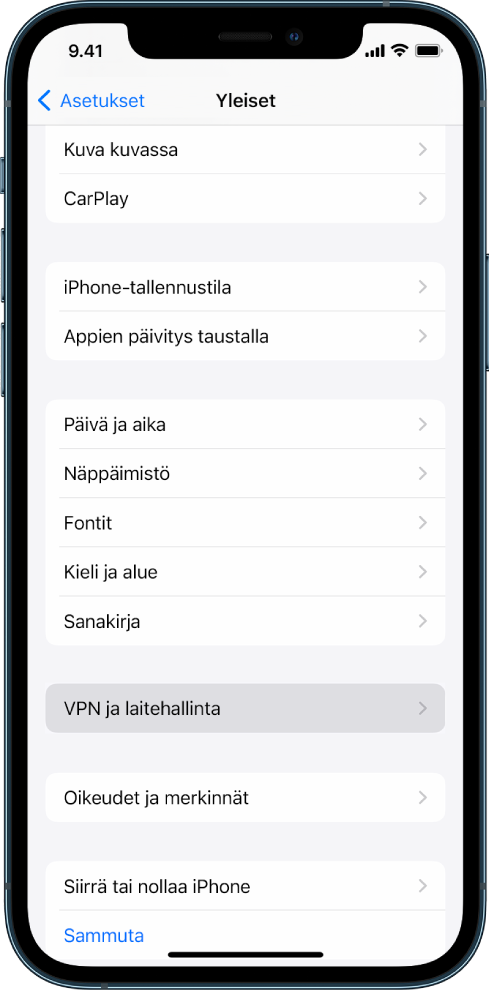 iPhonen näyttö, jossa näkyy VPN ja laitehallinta valittuna.