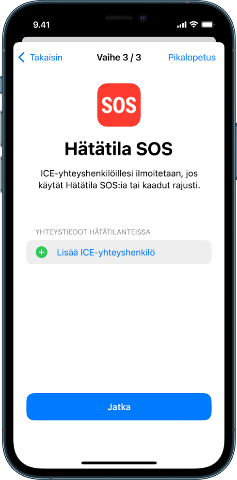Kaksi iPhonen näyttöä, joissa näkyy Hätätila SOS ‑näyttö ja Päivitä laitteen pääsykoodi ‑näyttö.