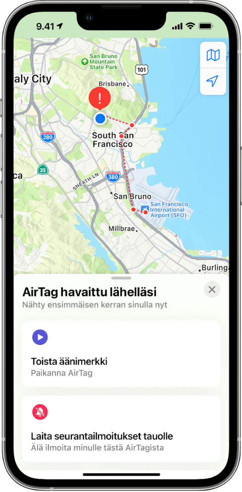 iPhonen näyttö, jossa on AirTag havaittuna lähellä käyttäjää Kartat-apissa.