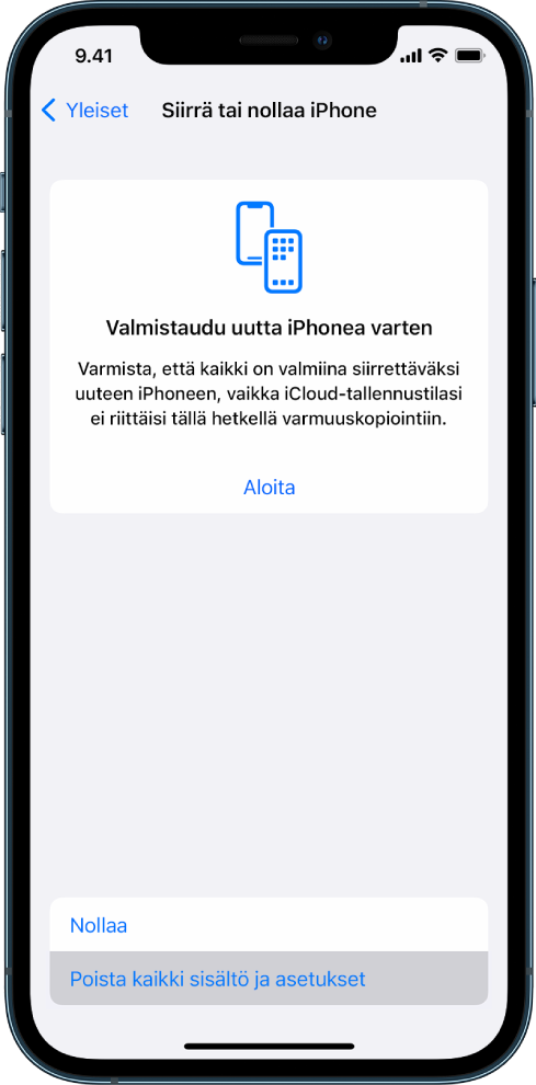 iPhonen näyttö, jossa näkyy Poista kaikki sisältö ja asetukset valittuna vaihtoehtona.
