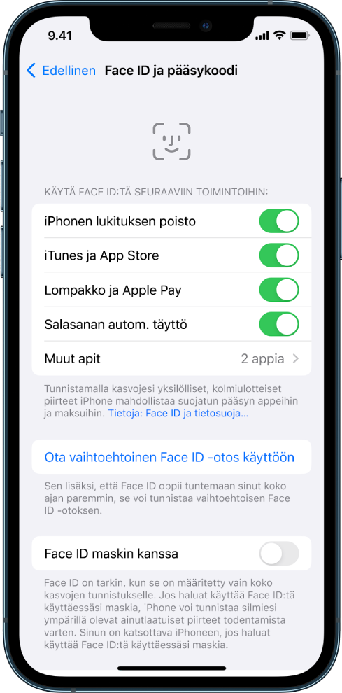 iPhonen Face ID -näyttö, jossa näkyy Face ID:n käyttötarkoituksia, kuten iPhonen lukituksen avaaminen, iTunes ja App Store, Lompakko ja Apple Pay ja salasanojen automaattinen täyttö.