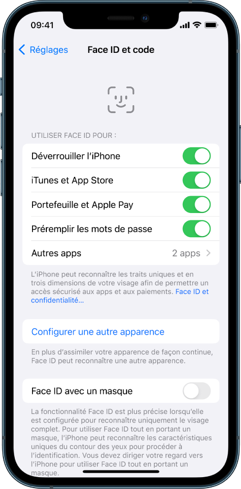 Écran Face ID d’un iPhone qui montre à quoi peut servir Face ID : Déverrouiller l’iPhone; iTunes et App Store; Portefeuille et Apple Pay; et le remplissage automatique des mots de passe.