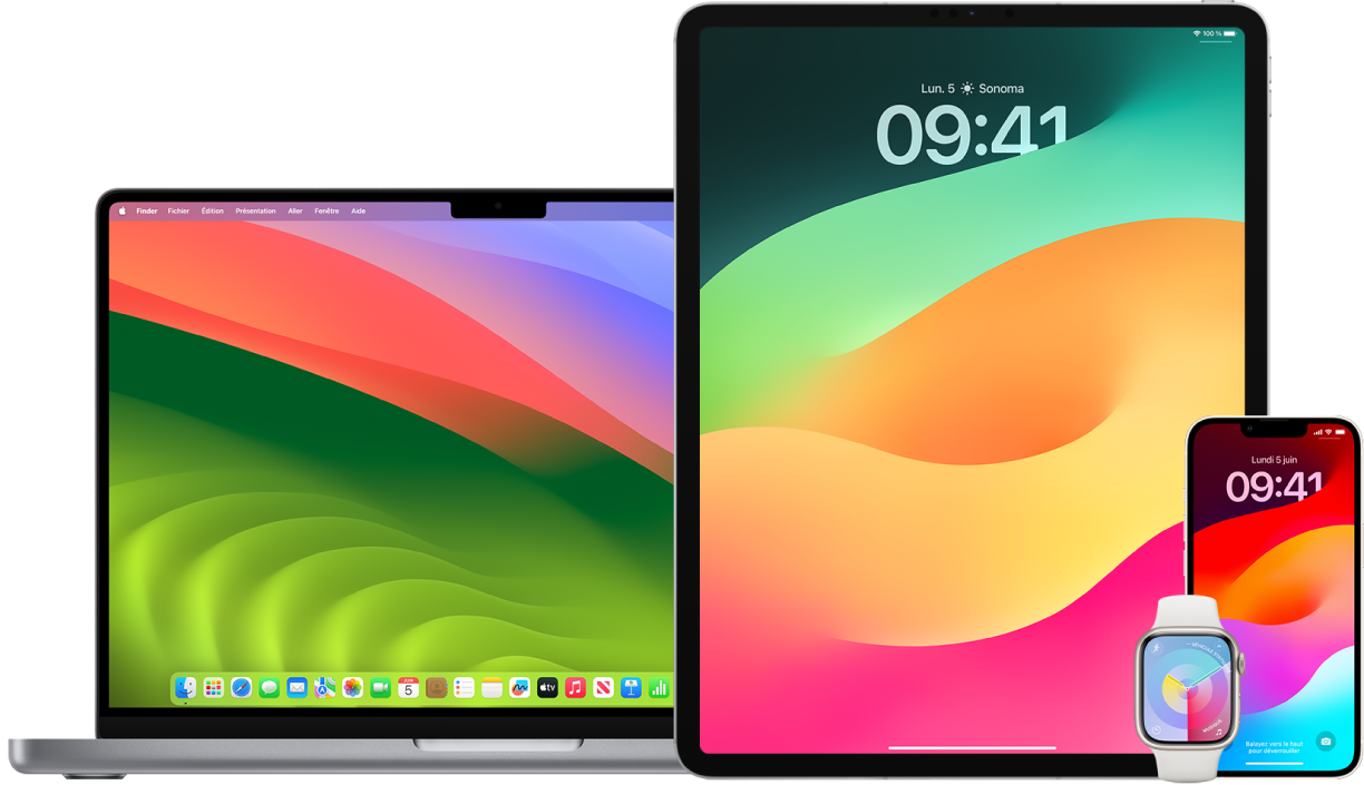 Un MacBook Air, un iPad, une Apple Watch et un iPhone.