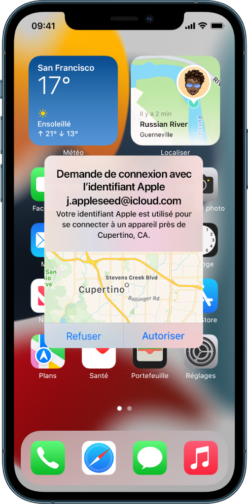 Écran d’iPhone qui affiche une tentative de connexion d’un utilisateur sur un appareil associé au compte iCloud.