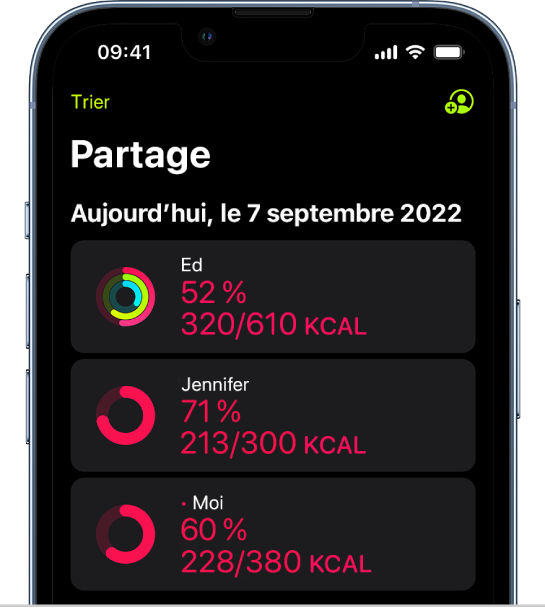 Un écran d’iPhone qui affiche des données d’activité partagées avec deux autres personnes.
