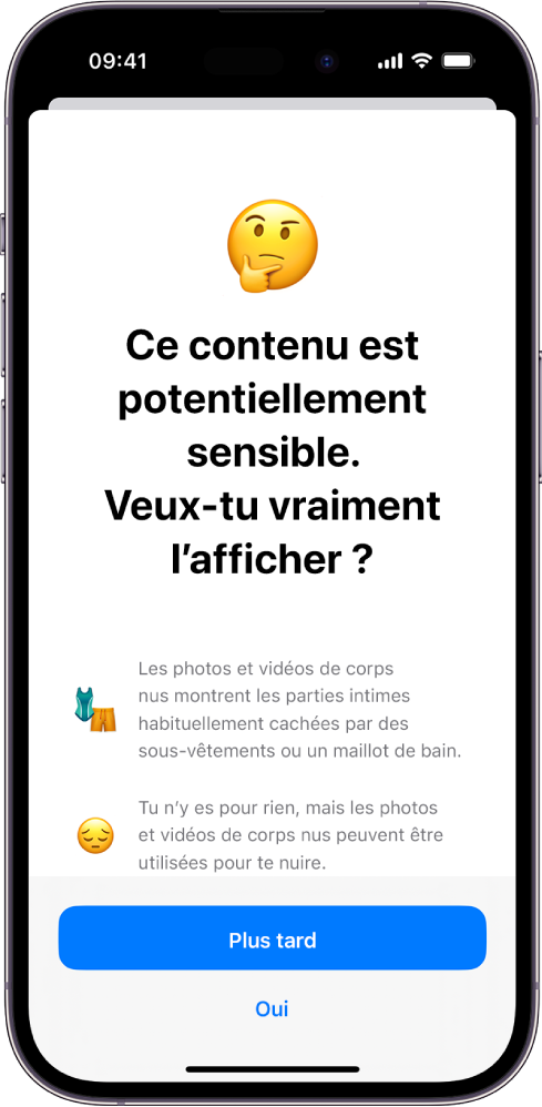 Un iPhone affichant l’écran « Avertissements relatifs au contenu sensible ».