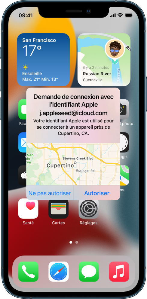 Écran d’un iPhone montrant une tentative de connexion par un utilisateur sur un autre appareil associé au compte iCloud.