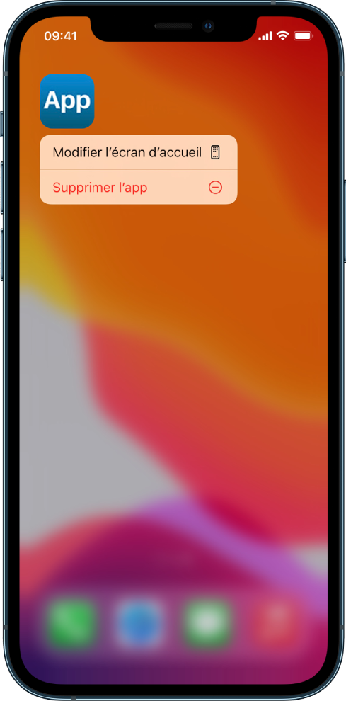 Écran d’un iPhone montrant une app avec le bouton « Supprimer l’app » également affiché.
