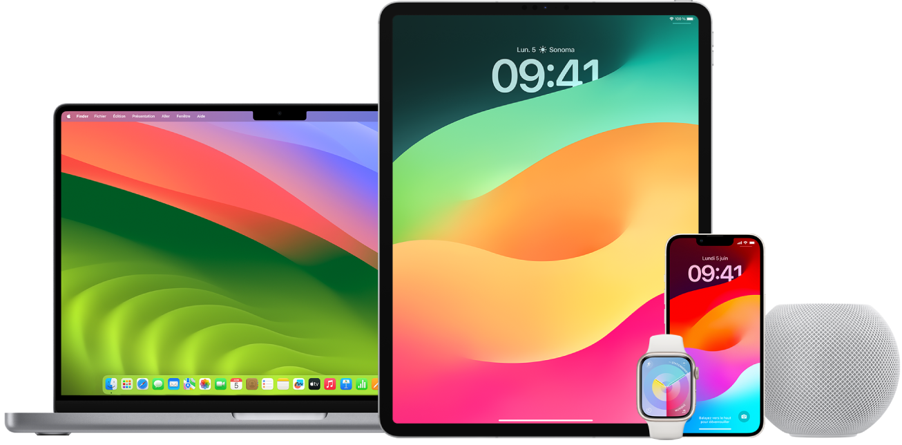 Un MacBook, un iPad, un iPhone, une Apple Watch et un HomePod.
