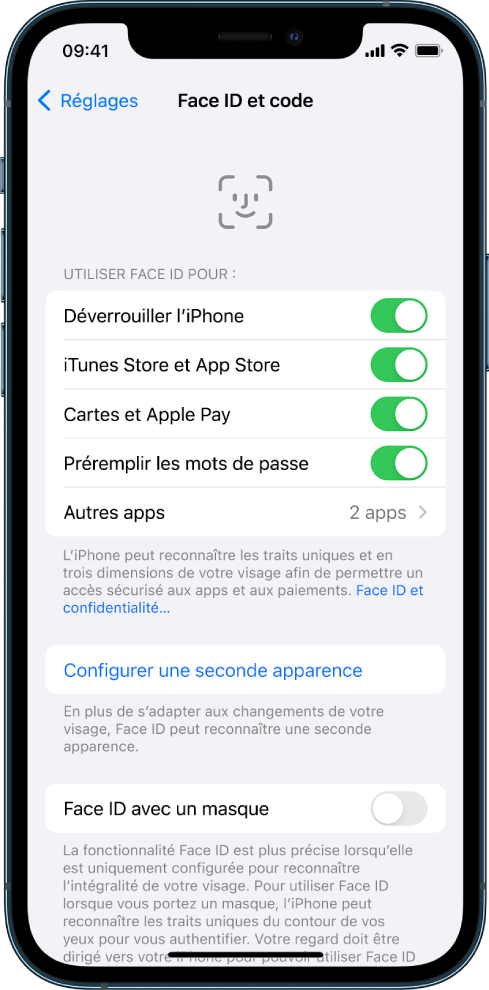 Écran Face ID de l’iPhone montrant pour quoi cette fonctionnalité peut être utilisée, comme Déverrouiller l’iPhone, iTunes Store et App Store, Cartes et Apple Pay, et Préremplir les mots de passe.