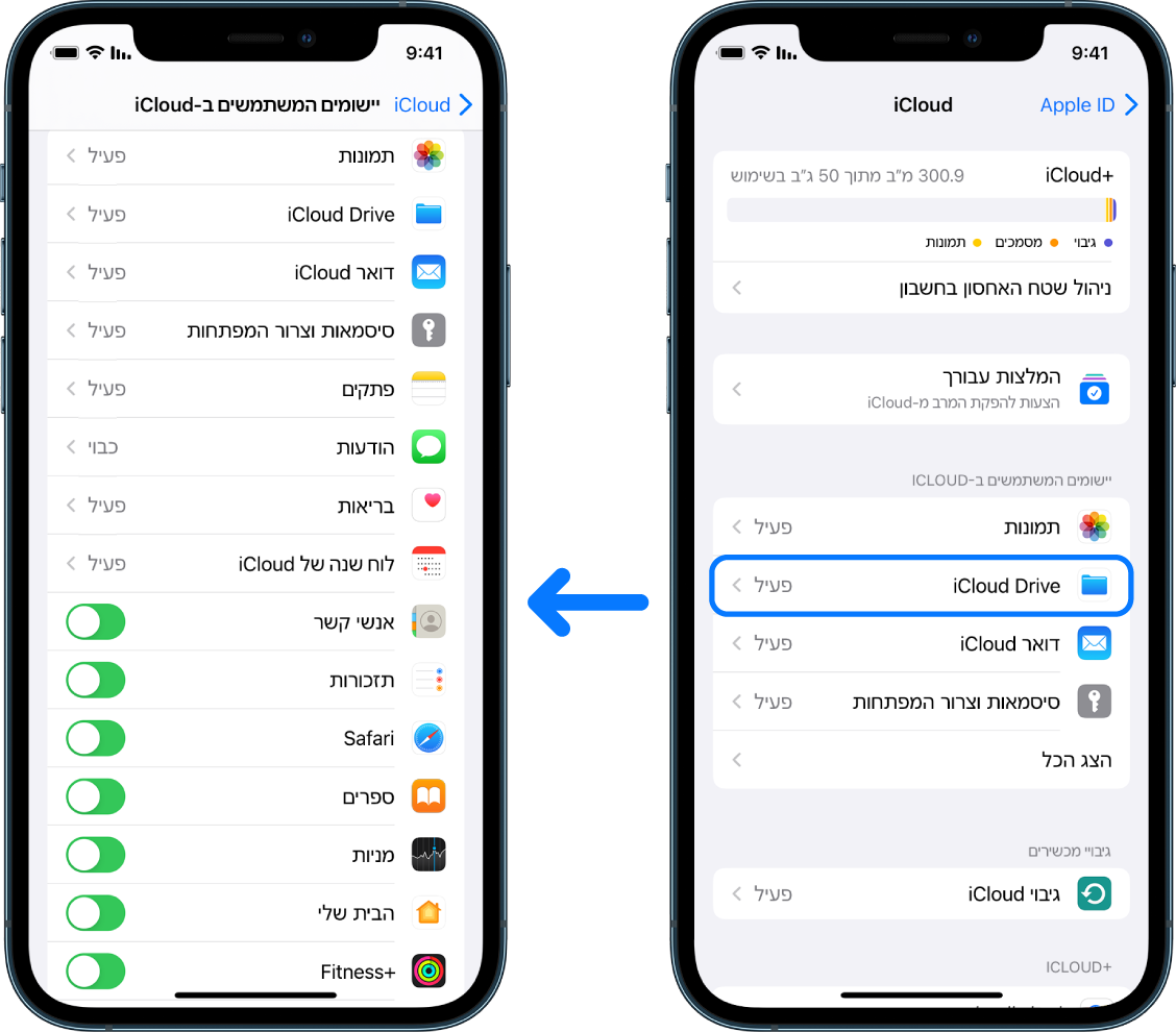 מכשיר iPhone מציג חשבון Apple ID מחובר, עם שירותים שונים של iCloud שמופעלים.