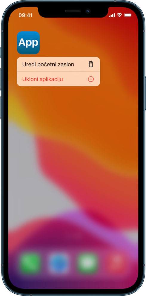 Prikazuje se i slika zaslona iPhonea s vidljivom aplikacijom i tipkom Ukloni aplikaciju.