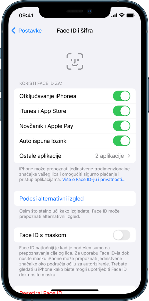 Zaslon Face ID-ja na iPhoneu prikazuje za što se Face ID može koristiti, primjerice za otključavanje iPhonea, trgovine iTunes i App Store, Novčanika i Apple Paya te automatsku ispunu lozinki.