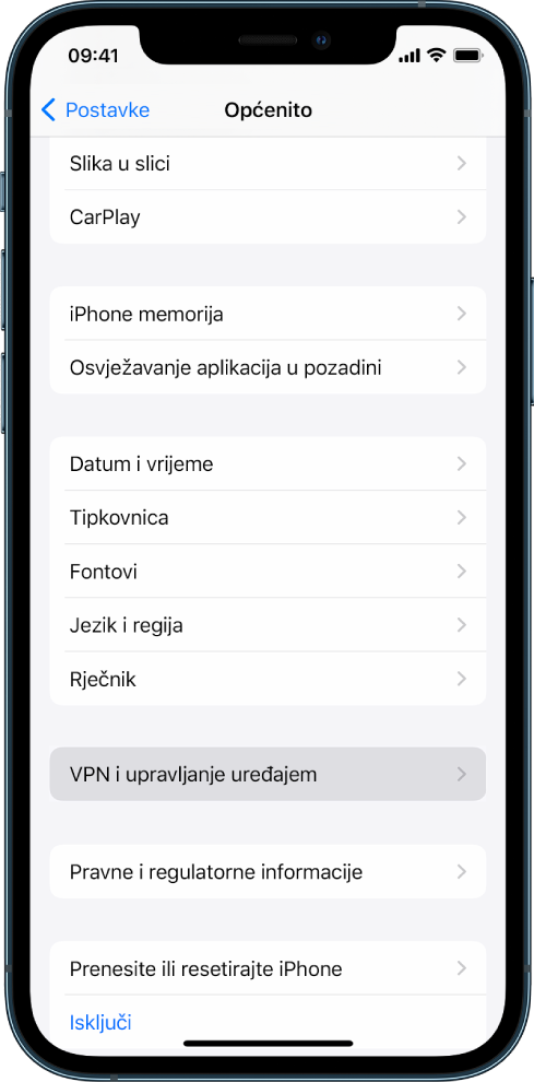 Zaslon iPhonea koji prikazuje odabranu opciju VPN i upravljanje uređajima.