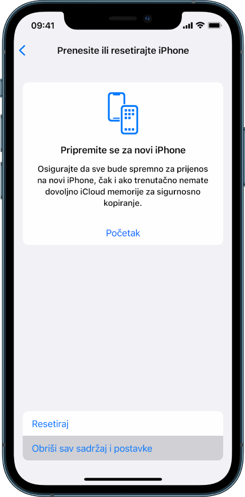 Zaslon iPhonea koji prikazuje Obriši sav sadržaj i postavke kao odabranu opciju.