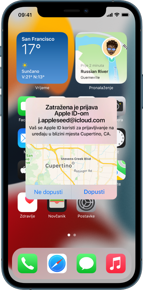 Slika zaslona iPhonea koja prikazuje pokušaj prijave od korisnika na drugom uređaju povezanom s iCloud računom.