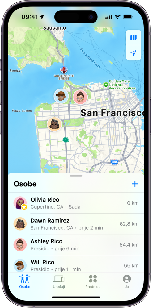 Zaslon iPhonea s prikazom lokacije korisnika i lokacija četiriju drugih korisnika.