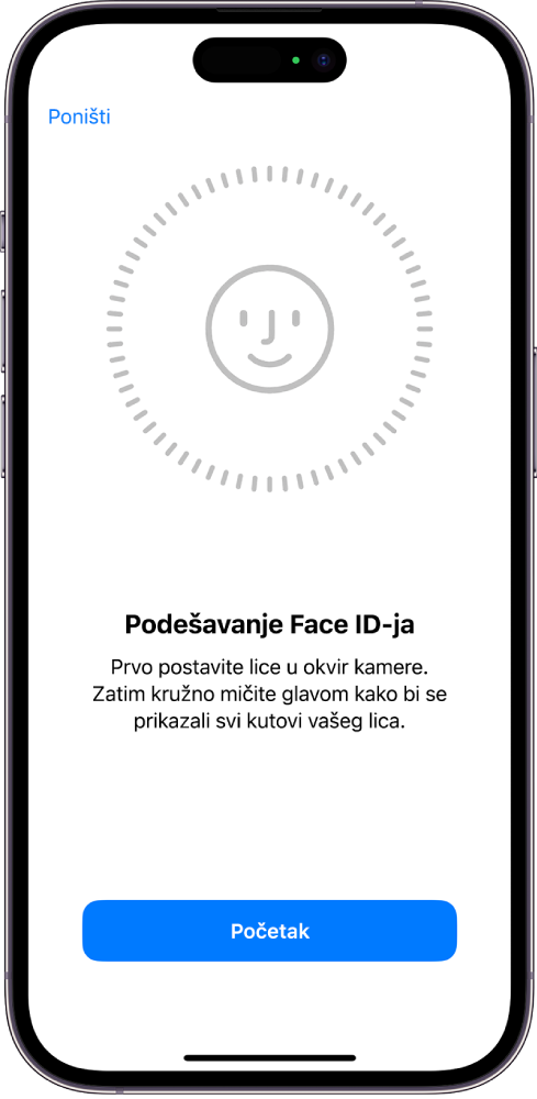 Zaslon za podešavanja prepoznavanja Face ID-ja. Na zaslonu se prikazuje lice, uokvireno krugom. Tekst ispod upućuje korisnika da polako pomiče glavu kako bi se krug zatvorio. Tipka za Opcije pristupačnosti pojavljuje se pri dnu zaslona.