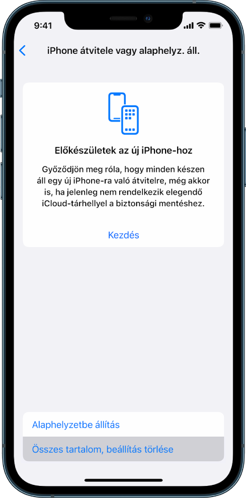 Képernyőfotó egy iPhone-ról, amelyen az Összes tartalom és beállítás törlése opció kijelölve látható.