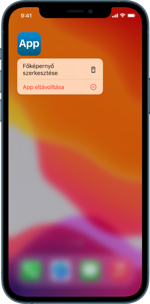 Egy iPhone képernyője, amelyen egy app látható az App eltávolítása gombbal.