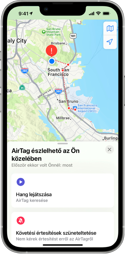 Egy iPhone képernyője, amelyen egy felhasználó közelében észlelt AirTag látható a Térképek appban.