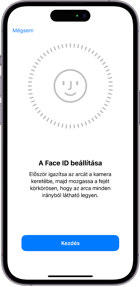 A Face ID-felismerés beállítási képernyője. A képernyőn egy arc látható egy kör belsejében. Az alatta lévő szöveg arra kéri a felhasználót, hogy lassan mozgassa a fejét a kör bezárásához. A kisegítő lehetőségek gombja a képernyő alján jelenik meg.