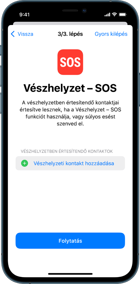 Két iPhone-képernyő. Az egyiken a Vészhelyzet – SOS funkció képernyője látható, a másikon pedig az Eszköz jelkódjának frissítése képernyő.