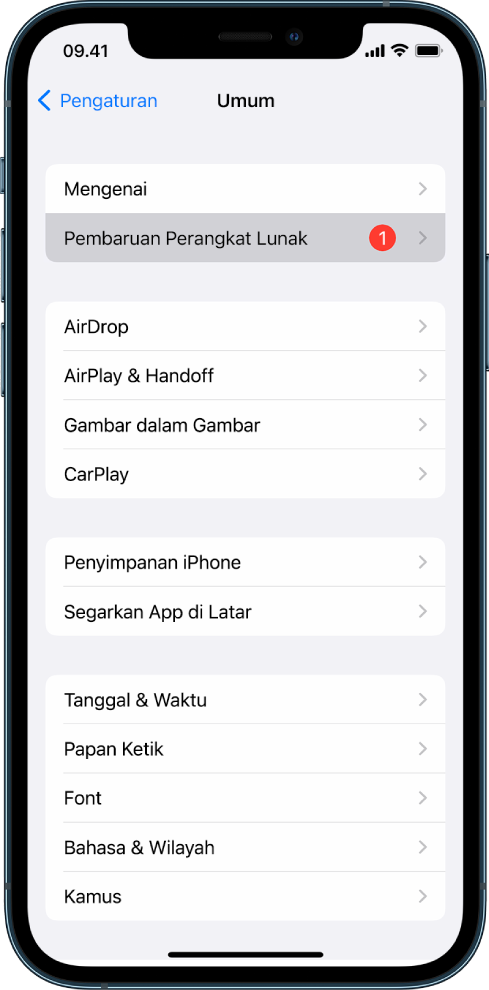 Layar iPhone menampilkan pembaruan perangkat lunak tersedia.