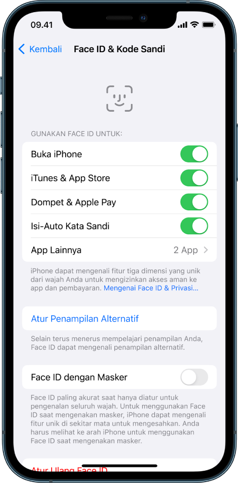 Layar Face ID iPhone menampilkan apa yang dapat digunakan dengan Face ID, seperti Membuka iPhone, iTunes & App Store, Dompet & Apple Pay, dan Isi-Auto Kata Sandi.