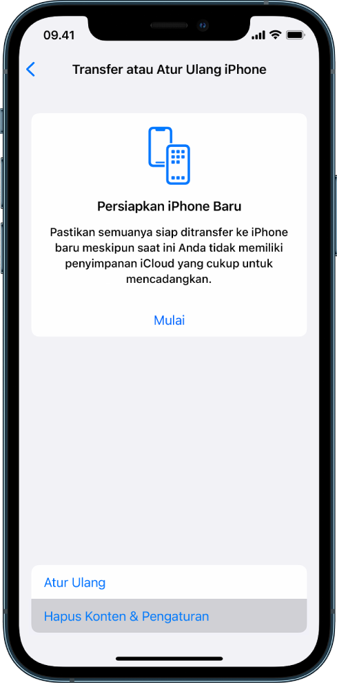 Layar iPhone menampilkan Hapus Semua Konten dan Pengaturan sebagai pilihan yang dipilih.