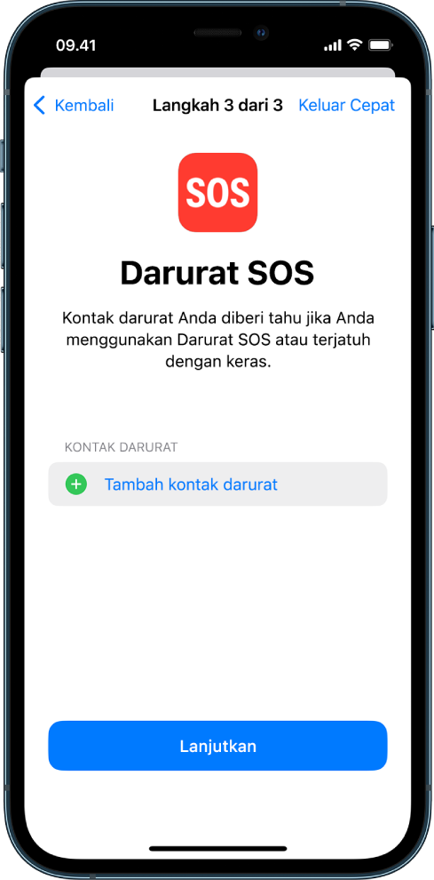 Dua layar iPhone menampilkan layar Darurat SOS dan layar Perbarui Kode Sandi Perangkat.