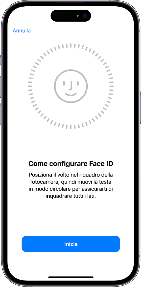 La schermata di configurazione del riconoscimento di Face ID. Sullo schermo è visibile un volto, circondato da un cerchio. Il testo sotto di esso indica all’utente di muovere la testa lentamente per completare un cerchio. Nella parte inferiore dello schermo compare un pulsante per le opzioni di accessibilità.
