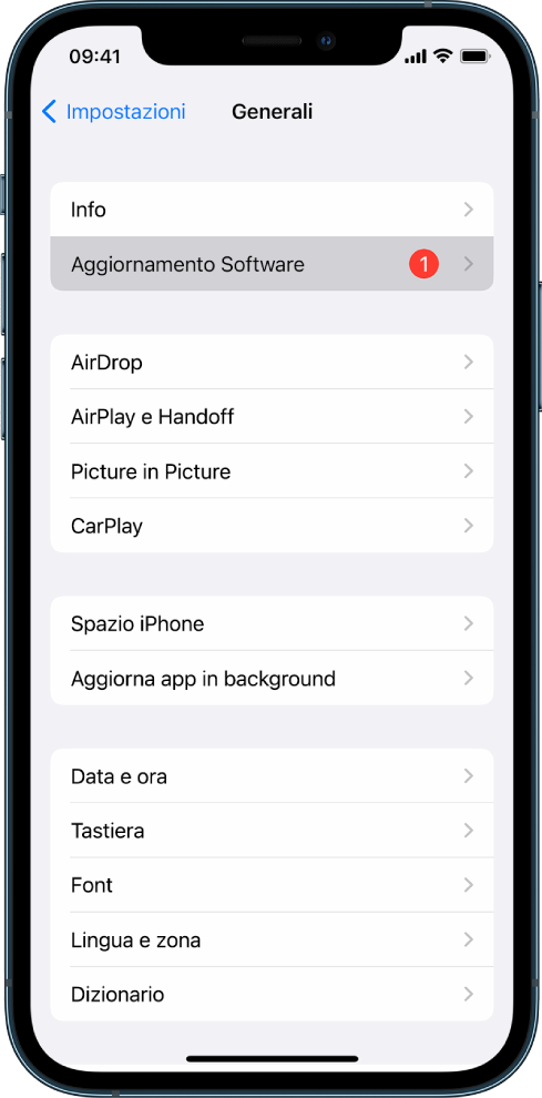 Schermata di iPhone che mostra un aggiornamento software disponibile.