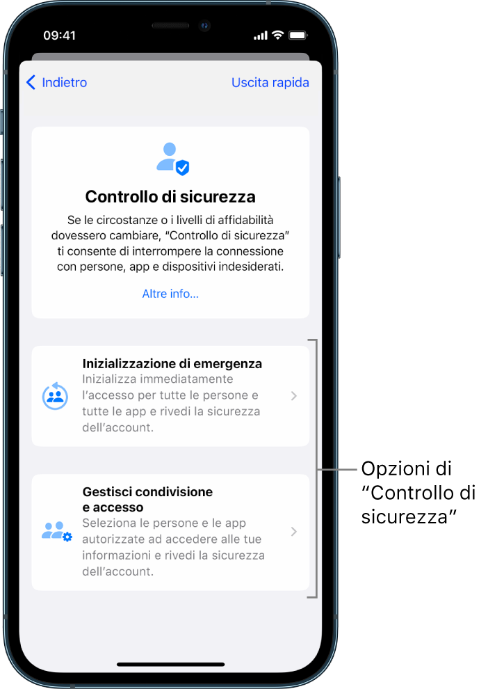 Una schermata che mostra le due opzioni disponibili in “Controllo di sicurezza”: “Inizializzazione di emergenza” e “Gestisci condivisione e accesso”.