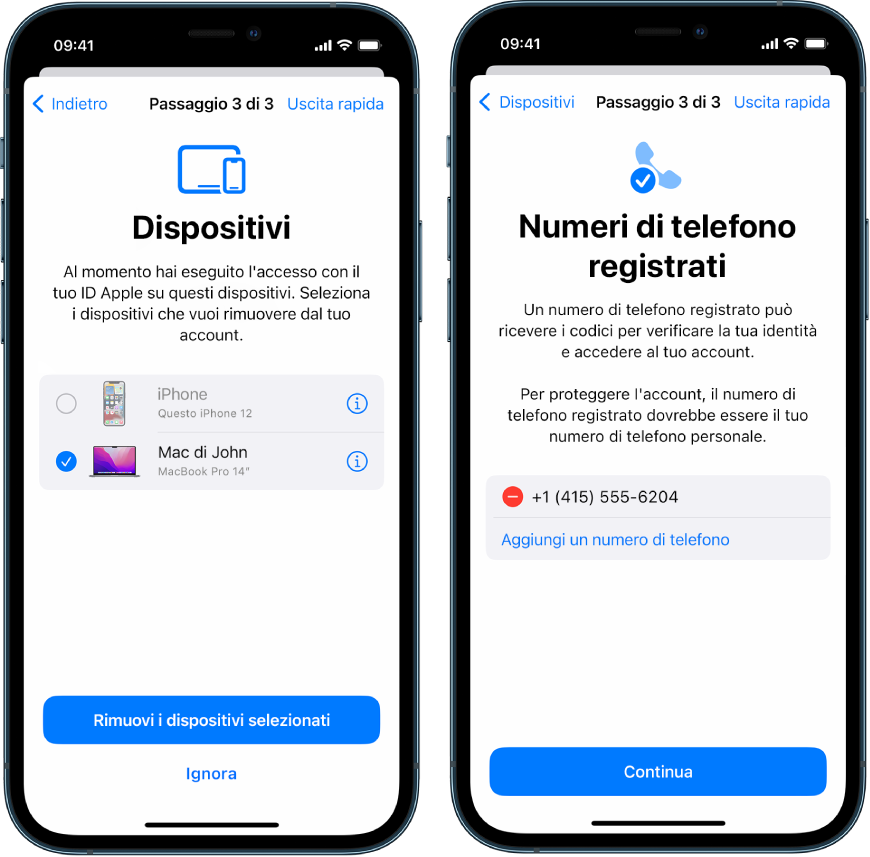 Tre schermate di iPhone che mostrano (1) un dispositivo che è stato selezionato per essere rimosso da quelli autorizzati; (2) una schermata per la modifica dei numeri di telefono autorizzati e (3) una schermata per l’aggiornamento della password dell’ID Apple.