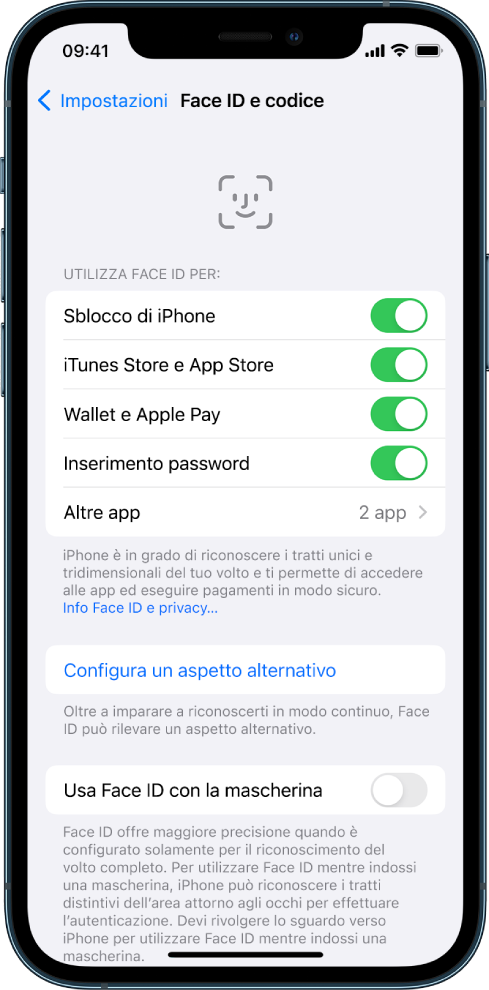 La schermata di Face ID di iPhone che mostra le situazioni in cui è possibile utilizzare la funzionalità, come sbloccare iPhone, iTunes e App Store, Wallet e Apple Pay e inserimento automatico delle password.