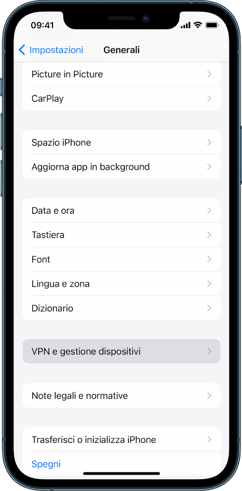 Una schermata di iPhone che mostra l’opzione “VPN e gestione dispositivi” selezionata.