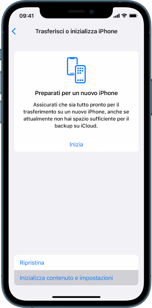 Una schermata di iPhone che mostra “Inizializza contenuto e impostazioni” come opzione selezionata.